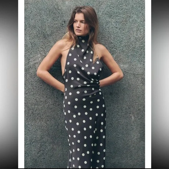 ZARA POLKA DOT SATIN MIDI DRESS - Picture 8 of 15